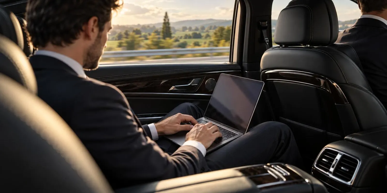 Geschäftsreisender arbeitet auf der Rückbank einer Limousine am Laptop